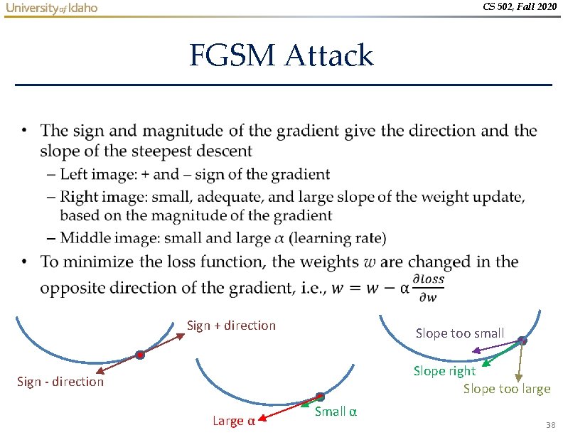 CS 502, Fall 2020 FGSM Attack • Sign + direction Slope too small Slope CS 502, Fall 2020 FGSM Attack • Sign + direction Slope too small Slope