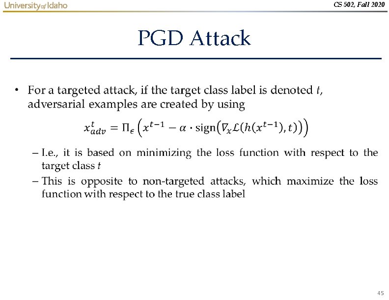 CS 502, Fall 2020 PGD Attack • 45 CS 502, Fall 2020 PGD Attack • 45