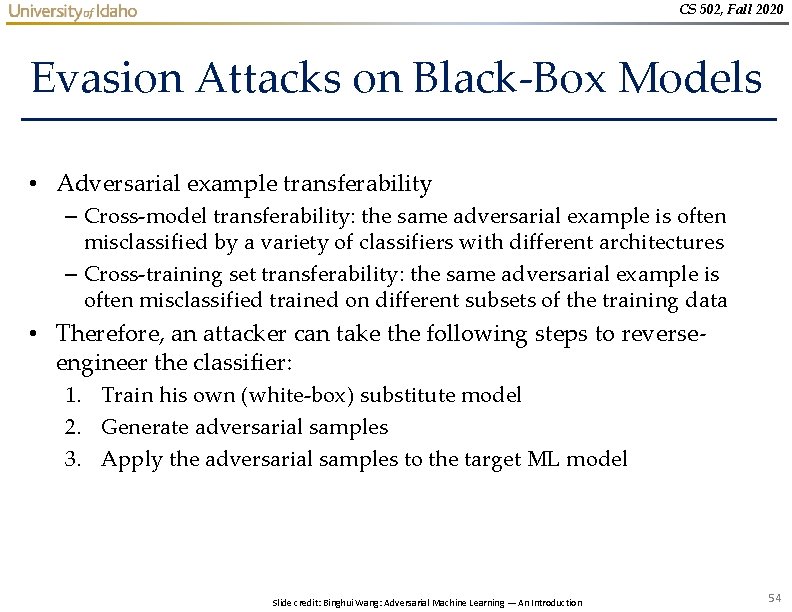 CS 502, Fall 2020 Evasion Attacks on Black-Box Models • Adversarial example transferability – CS 502, Fall 2020 Evasion Attacks on Black-Box Models • Adversarial example transferability –