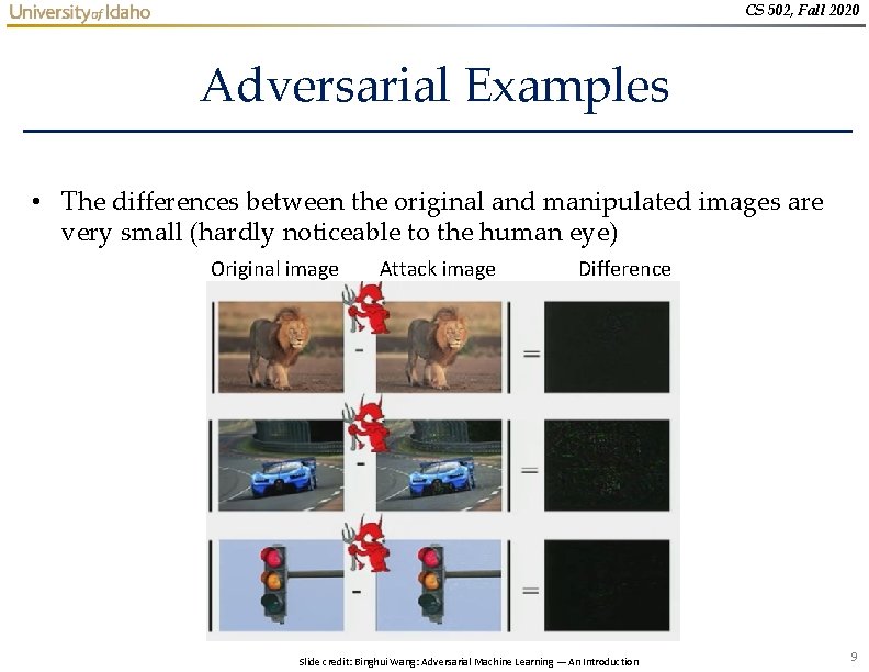 CS 502, Fall 2020 Adversarial Examples • The differences between the original and manipulated CS 502, Fall 2020 Adversarial Examples • The differences between the original and manipulated
