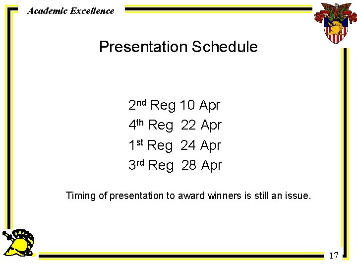 Academic Excellence Presentation Schedule 2 nd Reg 10 Apr 4 th Reg 22 Apr