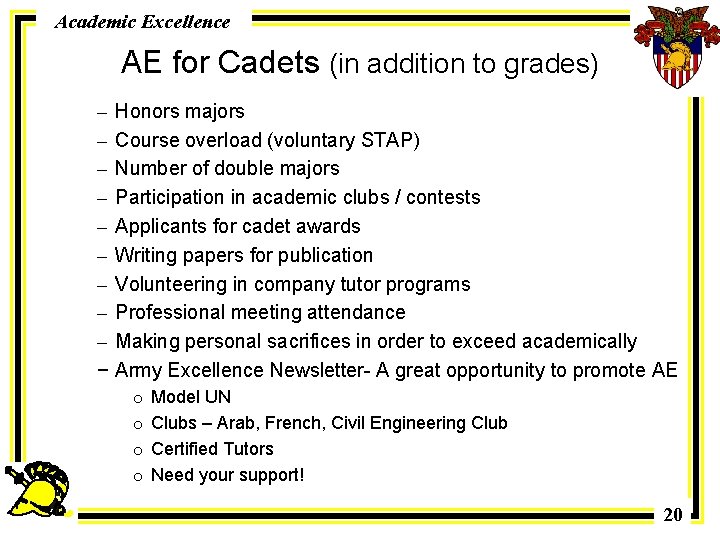 Academic Excellence AE for Cadets (in addition to grades) – Honors majors – Course