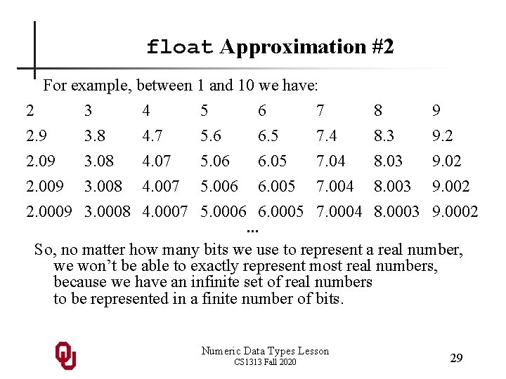 float Approximation #2 For example, between 1 and 10 we have: 2 3 4