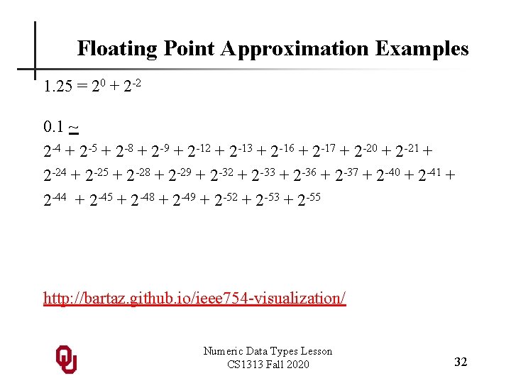 Floating Point Approximation Examples 1. 25 = 20 + 2 -2 0. 1 ~