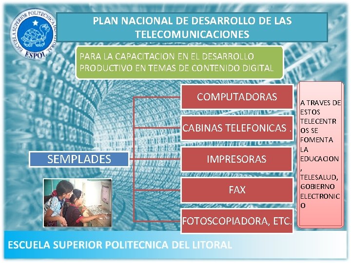 PLAN NACIONAL DE DESARROLLO DE LAS TELECOMUNICACIONES PARA LA CAPACITACION EN EL DESARROLLO PRODUCTIVO