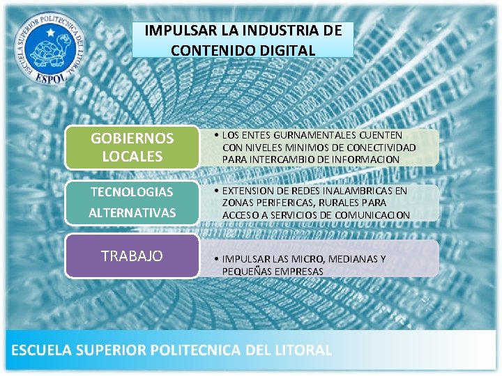 IMPULSAR LA INDUSTRIA DE CONTENIDO DIGITAL GOBIERNOS LOCALES • LOS ENTES GURNAMENTALES CUENTEN CON