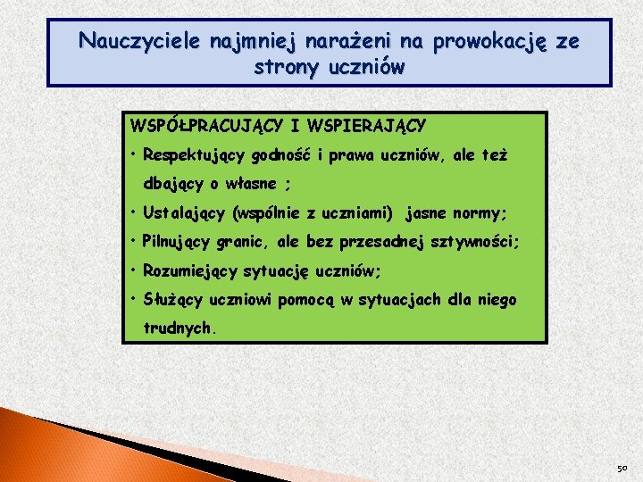 Nauczyciele najmniej narażeni na prowokację ze strony uczniów WSPÓŁPRACUJĄCY I WSPIERAJĄCY • Respektujący godność