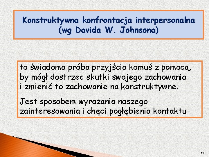 Konstruktywna konfrontacja interpersonalna (wg Davida W. Johnsona) to świadoma próba przyjścia komuś z pomocą,