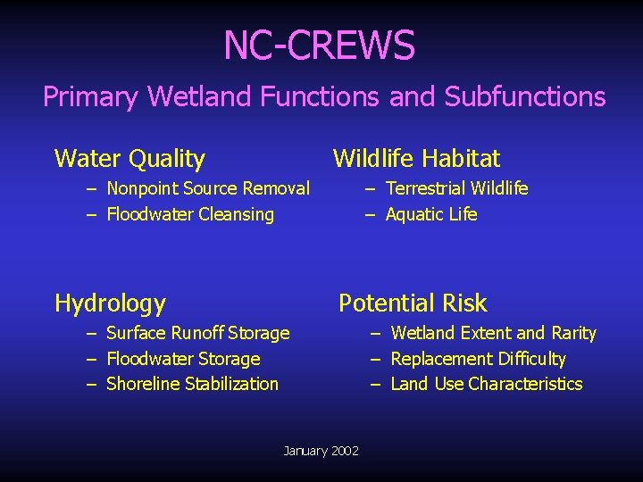 NC-CREWS Primary Wetland Functions and Subfunctions Water Quality Wildlife Habitat – Nonpoint Source Removal