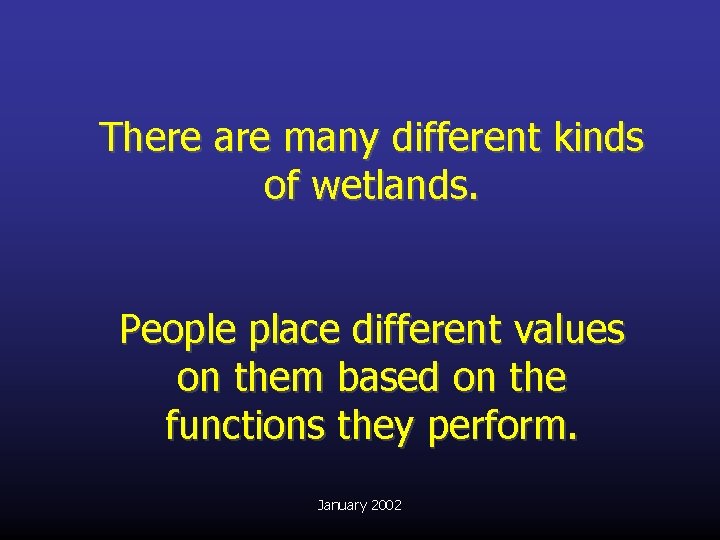 There are many different kinds of wetlands. People place different values on them based