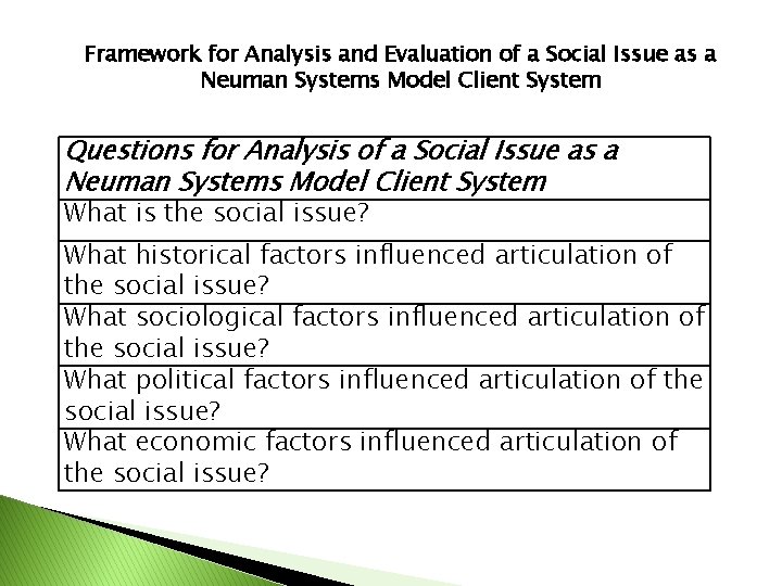 Framework for Analysis and Evaluation of a Social Issue as a Neuman Systems Model