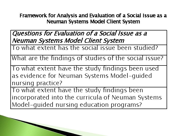 Framework for Analysis and Evaluation of a Social Issue as a Neuman Systems Model