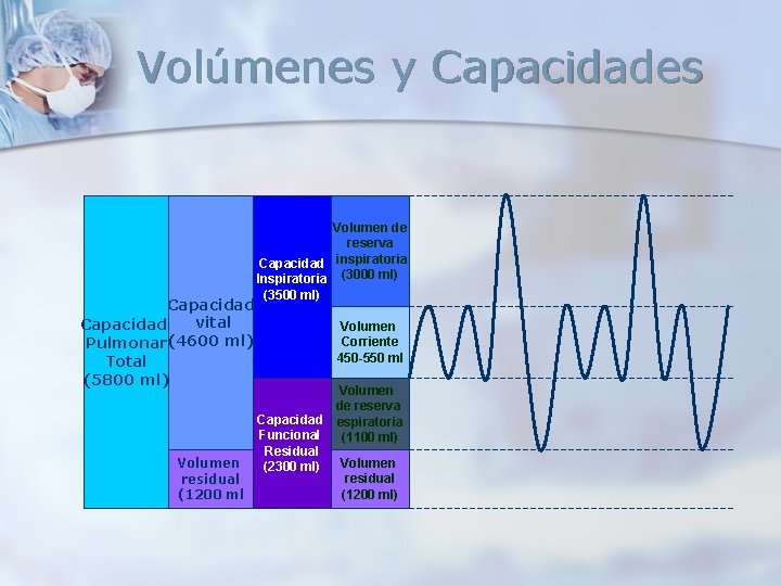 Volúmenes y Capacidades Capacidad vital Capacidad Pulmonar (4600 ml) Total (5800 ml) Volumen residual Volúmenes y Capacidades Capacidad vital Capacidad Pulmonar (4600 ml) Total (5800 ml) Volumen residual