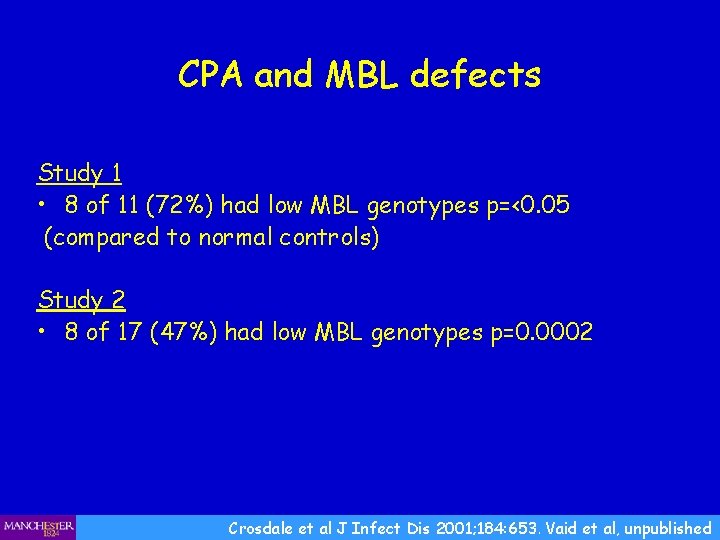 CPA and MBL defects Study 1 • 8 of 11 (72%) had low MBL