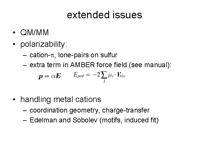 extended issues • QM/MM • polarizability: – cation-p, lone-pairs on sulfur – extra term