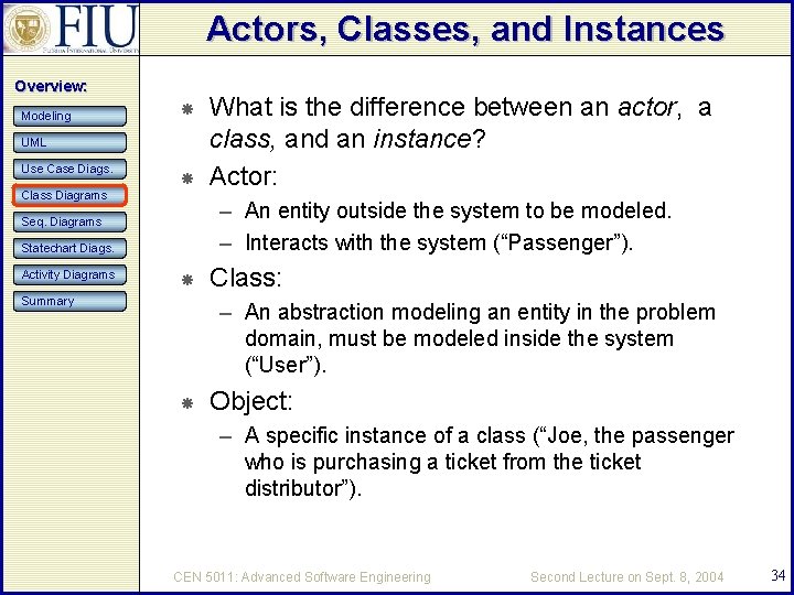 Actors, Classes, and Instances Overview: Modeling UML Use Case Diags. Class Diagrams – An