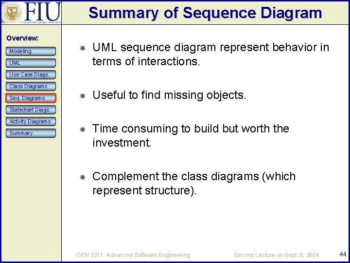 Summary of Sequence Diagram Overview: Modeling UML sequence diagram represent behavior in terms of