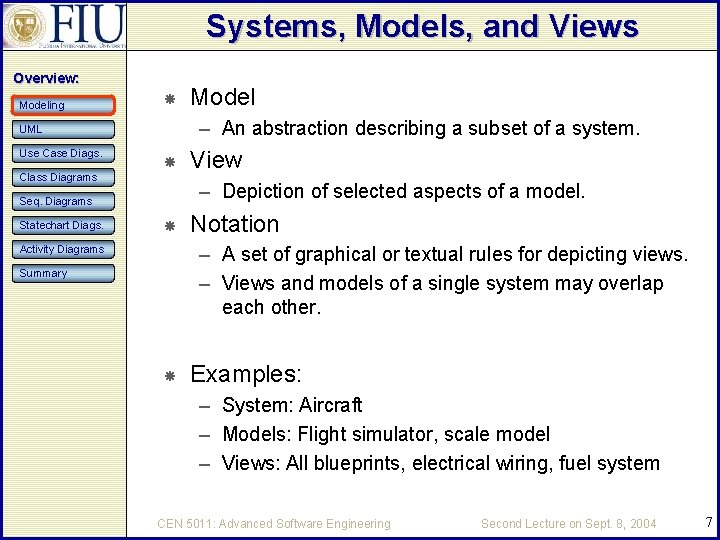 Systems, Models, and Views Overview: Modeling – An abstraction describing a subset of a