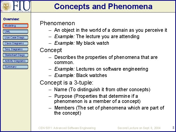 Concepts and Phenomena Overview: Modeling UML Use Case Diags. Class Diagrams Seq. Diagrams Statechart