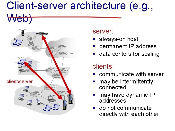 Client-server architecture (e. g. , Web) server: § always-on host § permanent IP address