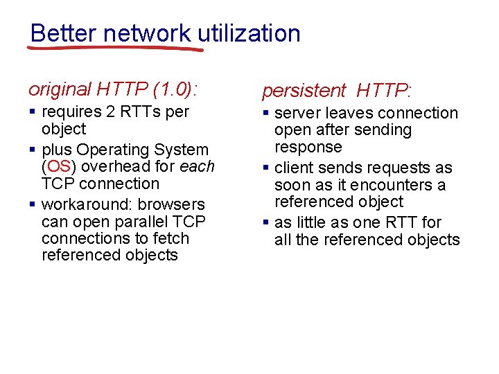 Better network utilization original HTTP (1. 0): persistent HTTP: § requires 2 RTTs per