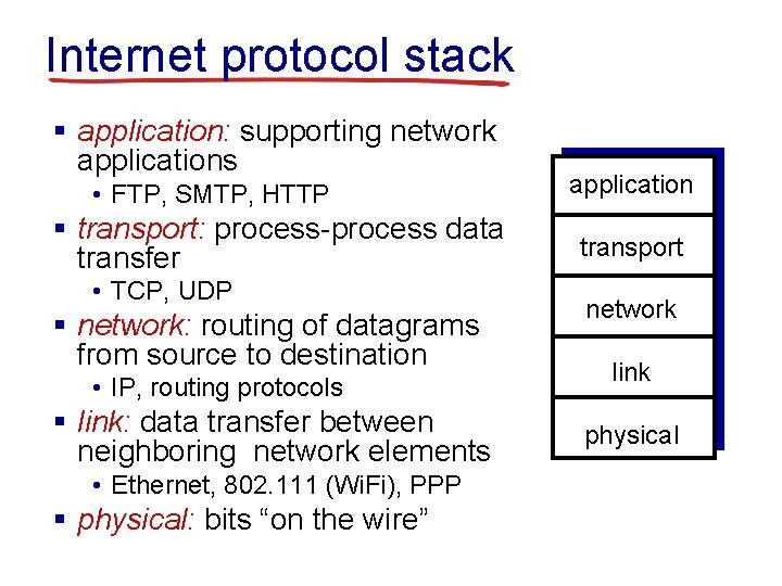 Internet protocol stack § application: supporting network applications • FTP, SMTP, HTTP § transport: