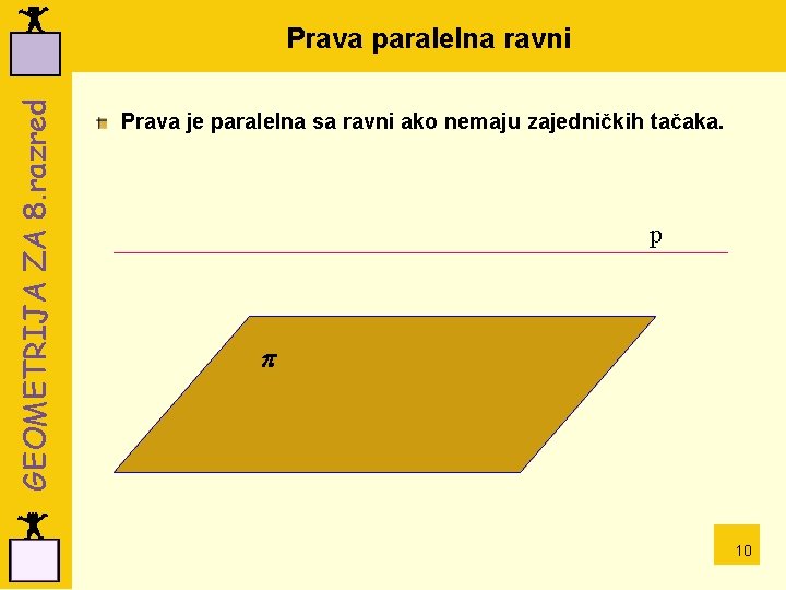 GEOMETRIJA ZA 8. razred Prava paralelna ravni Prava je paralelna sa ravni ako nemaju