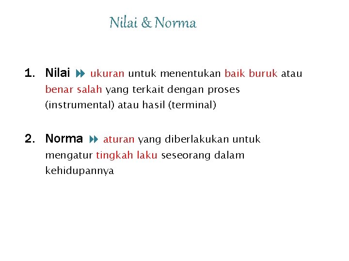 Nilai & Norma 1. Nilai ukuran untuk menentukan baik buruk atau benar salah yang Nilai & Norma 1. Nilai ukuran untuk menentukan baik buruk atau benar salah yang