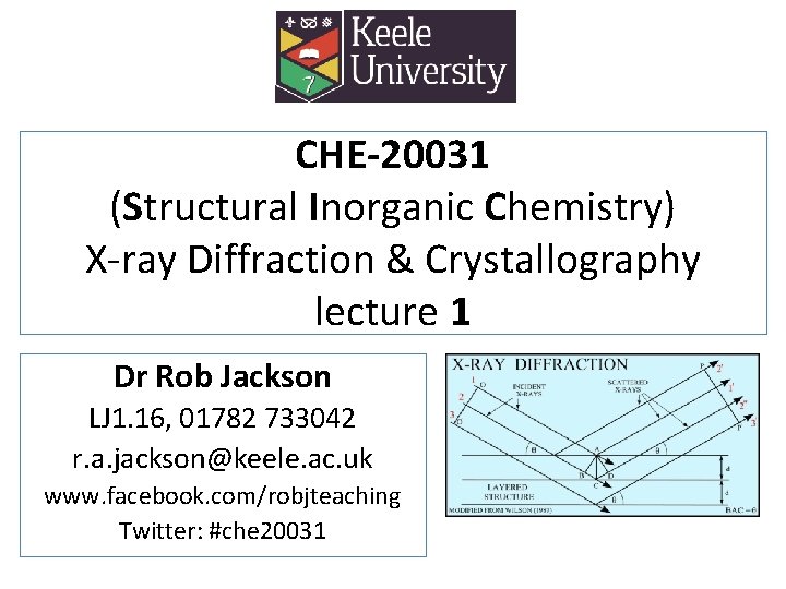 CHE-20031 (Structural Inorganic Chemistry) X-ray Diffraction & Crystallography lecture 1 Dr Rob Jackson LJ