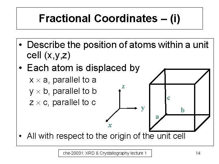 Fractional Coordinates – (i) • Describe the position of atoms within a unit cell