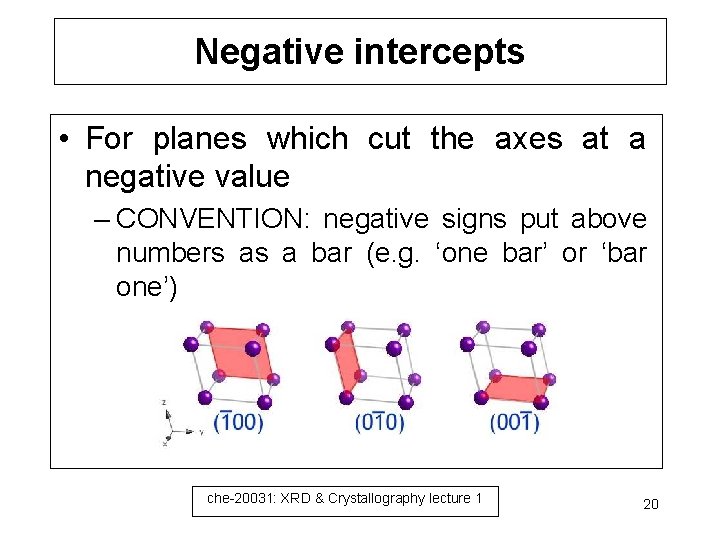 Negative intercepts • For planes which cut the axes at a negative value –