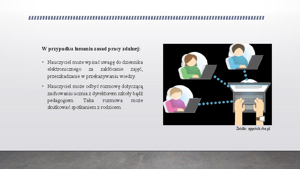 W przypadku łamania zasad pracy zdalnej: • Nauczyciel może wpisać uwagę do dziennika elektronicznego