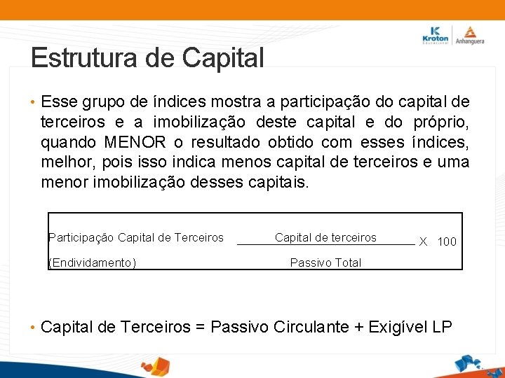 Estrutura de Capital • Esse grupo de índices mostra a participação do capital de