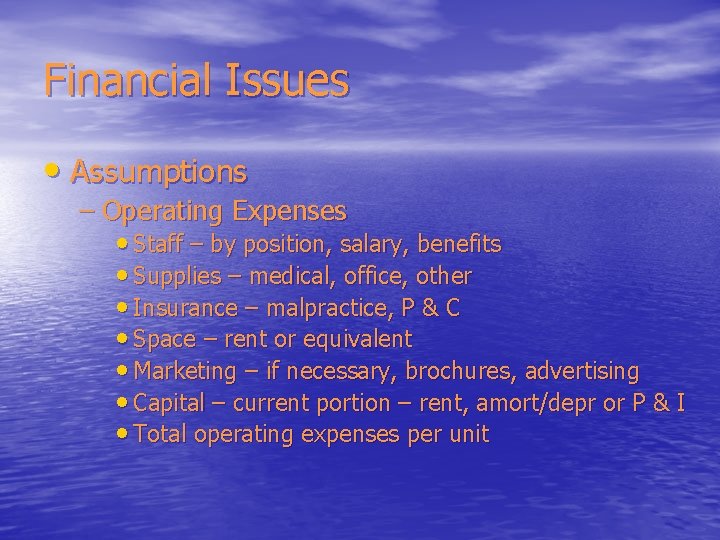 Financial Issues • Assumptions – Operating Expenses • Staff – by position, salary, benefits
