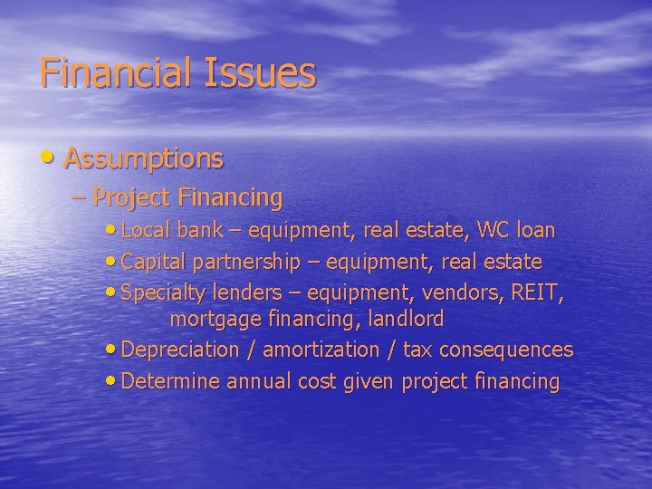 Financial Issues • Assumptions – Project Financing • Local bank – equipment, real estate,
