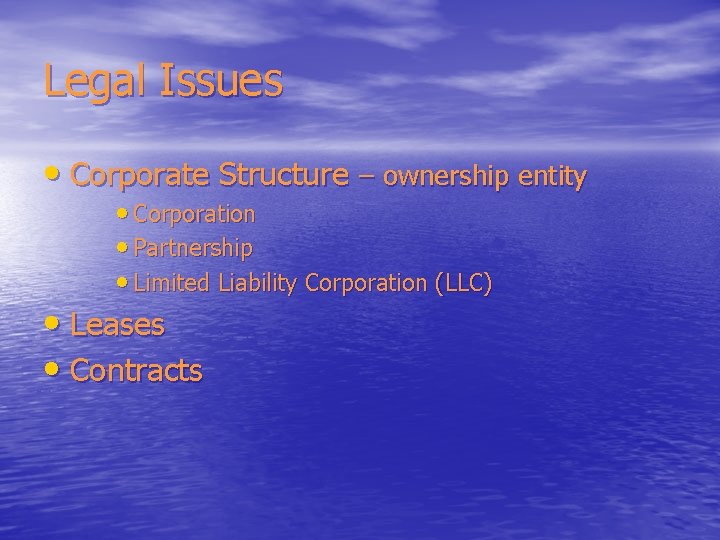Legal Issues • Corporate Structure – ownership entity • Corporation • Partnership • Limited
