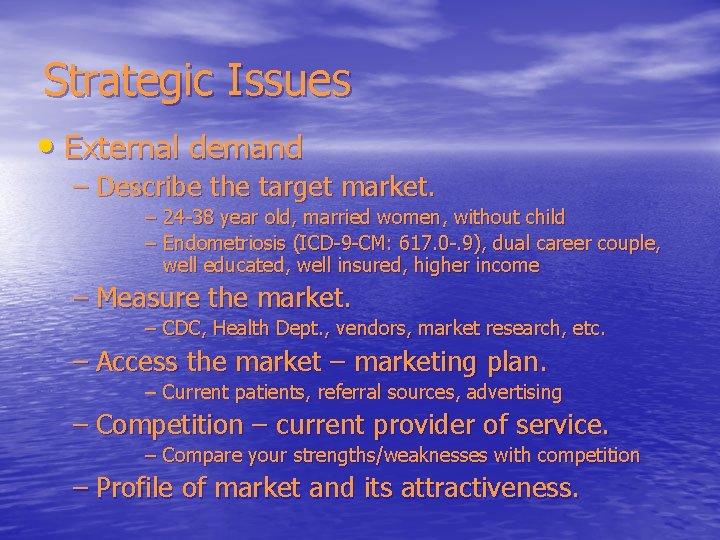 Strategic Issues • External demand – Describe the target market. – 24 -38 year