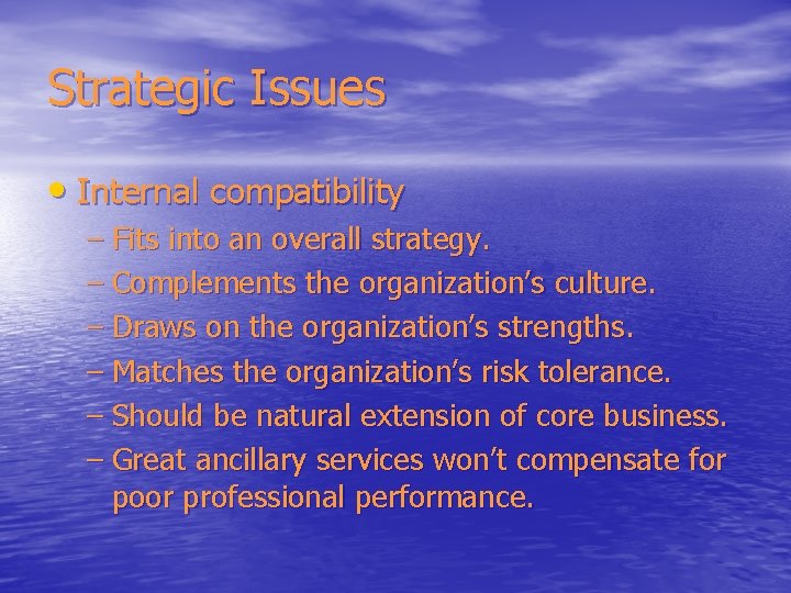Strategic Issues • Internal compatibility – Fits into an overall strategy. – Complements the
