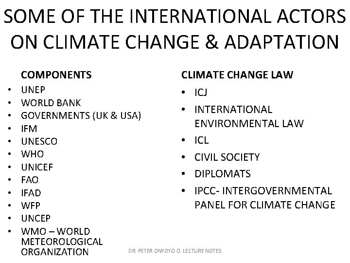 SOME OF THE INTERNATIONAL ACTORS ON CLIMATE CHANGE & ADAPTATION COMPONENTS • • •