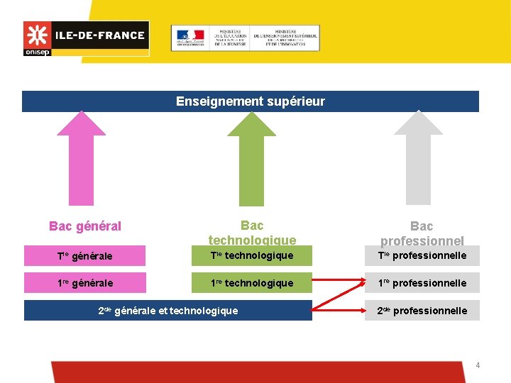 Enseignement supérieur Bac général Bac technologique Bac professionnel Tle générale Tle technologique Tle professionnelle