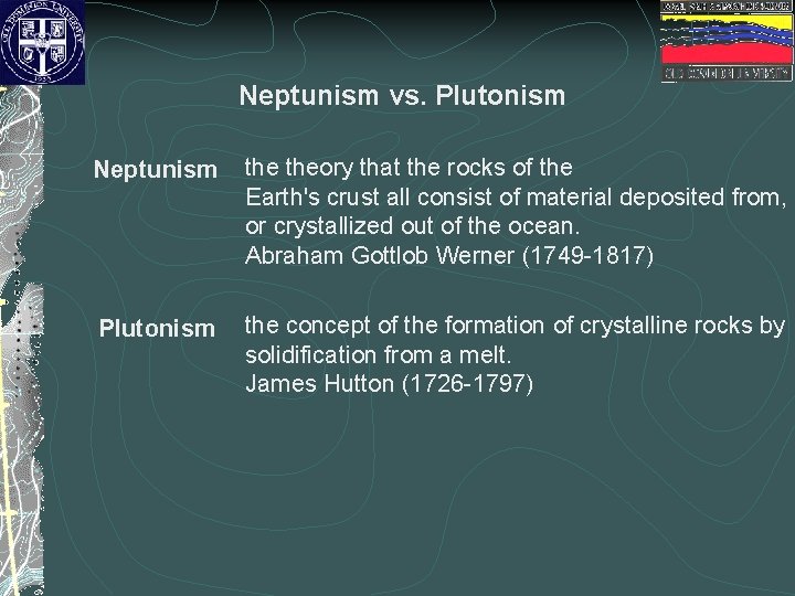 Neptunism vs. Plutonism Neptunism theory that the rocks of the Earth's crust all consist