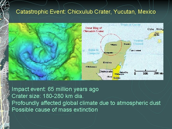 Catastrophic Event: Chicxulub Crater, Yucutan, Mexico Impact event: 65 million years ago Crater size: