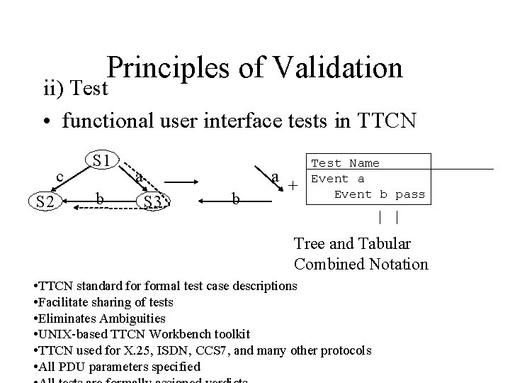 Principles of Validation ii) Test • functional user interface tests in TTCN c S