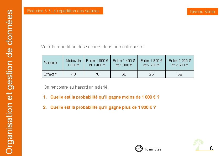 Organisation et gestion de données Exercice 3. 7 La répartition des salaires Niveau 3ème