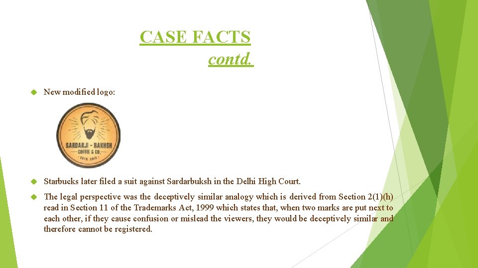 CASE FACTS contd. New modified logo: Starbucks later filed a suit against Sardarbuksh in