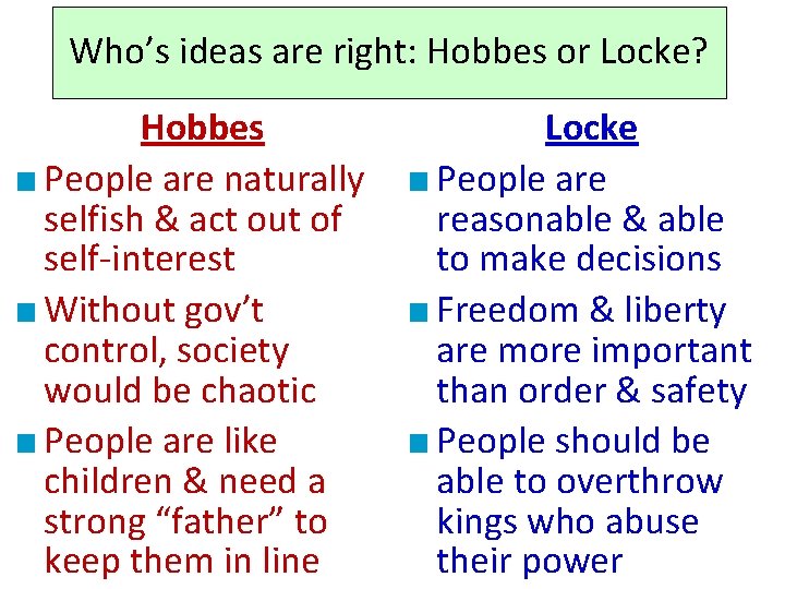 Who’s ideas are right: Hobbes or Locke? Hobbes ■ People are naturally selfish &