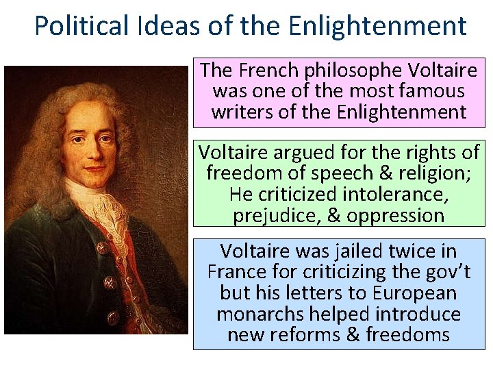 Political Ideas of the Enlightenment The French philosophe Voltaire was one of the most