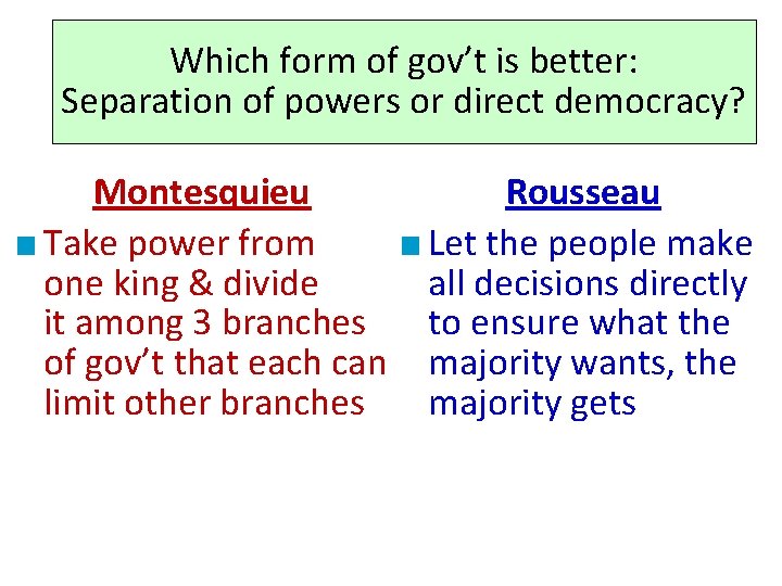 Which form of gov’t is better: Separation of powers or direct democracy? Montesquieu Rousseau