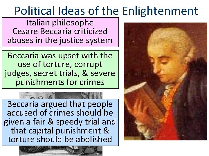 Political Ideas of the Enlightenment Italian philosophe Cesare Beccaria criticized abuses in the justice