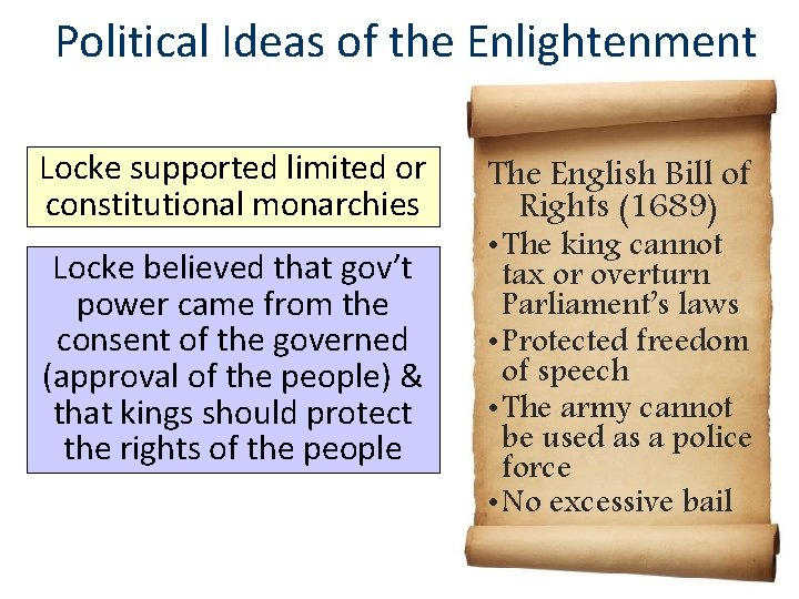 Political Ideas of the Enlightenment Locke supported limited or constitutional monarchies Locke believed that